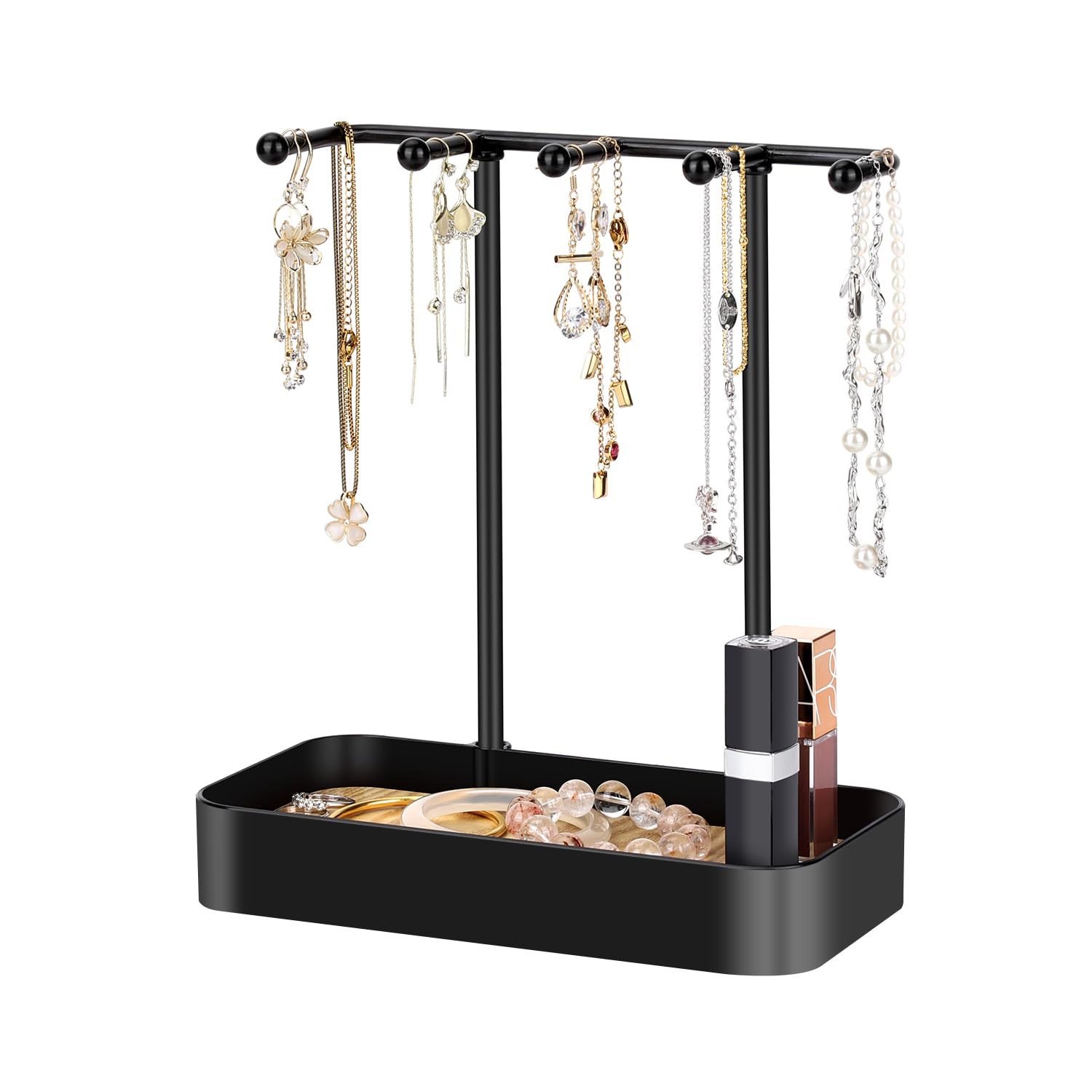 TACGEA Jewelry Holder Organizer, Jewelry Display Stand Necklace Organizer with Metal Holder and Plastic Tray, Black