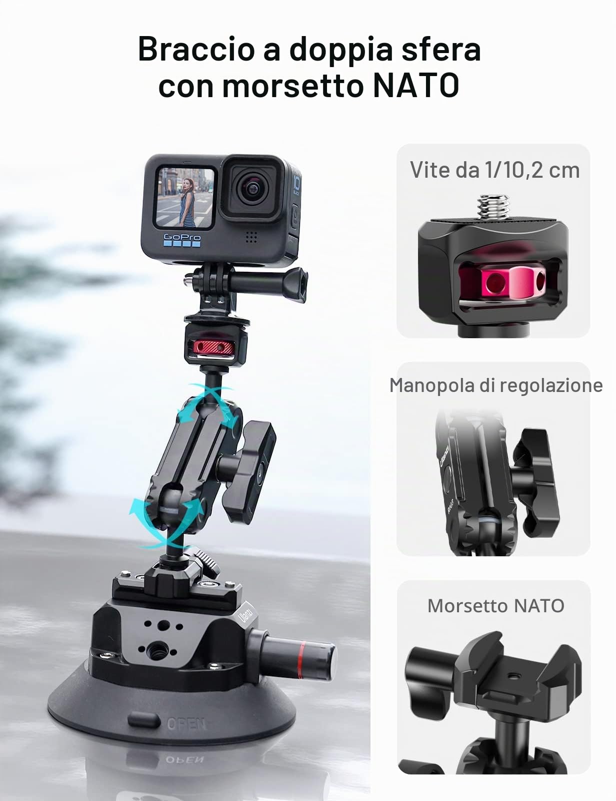 ULANZI SC-02 4,5" Supporto a ventosa per GoPro, supporto a ventosa con pompa e braccio magico NOTA a sgancio rapido, supporto da auto per Insta360, DJI Osmo Action