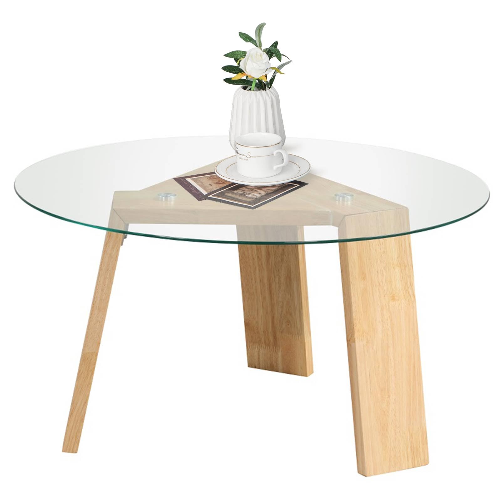 Multigot Coffee Table, Tempered Glass Cocktail Sofa Side Table with Solid Rubber Wood Legs, Accent Center Table Snack Tea Table for Living Room, Bedroom and Office (Round, Natural)