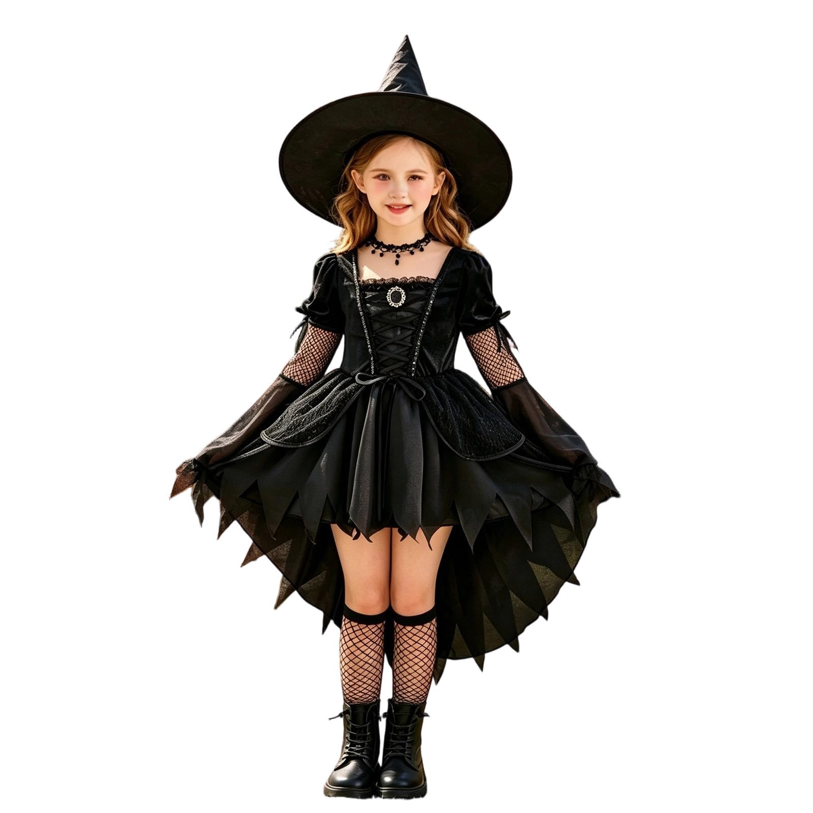 Costume da Malefica Bambina, Costumi da Cosplay Malefica Regina Strega Cattiva Halloween con Vestito Strega, Calze, Cappello da Strega E Collana