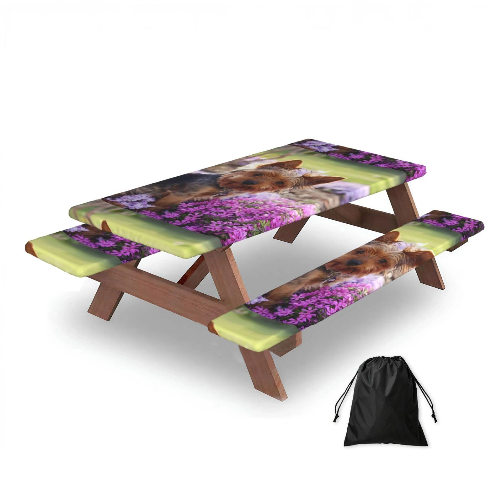 Yorkshire Terrier Dog, Picnic Table Cover With Bench Covers -Waterproof Elastic Fitted Tablecloth for Garden Camping Patio 76x152cm