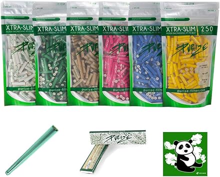 PURIZE Complete set of 250 activated carbon filters Xtra Slim Purize 250 pieces + 32 pieces papers + tube + sticker diameter 5.9 mm 250, white