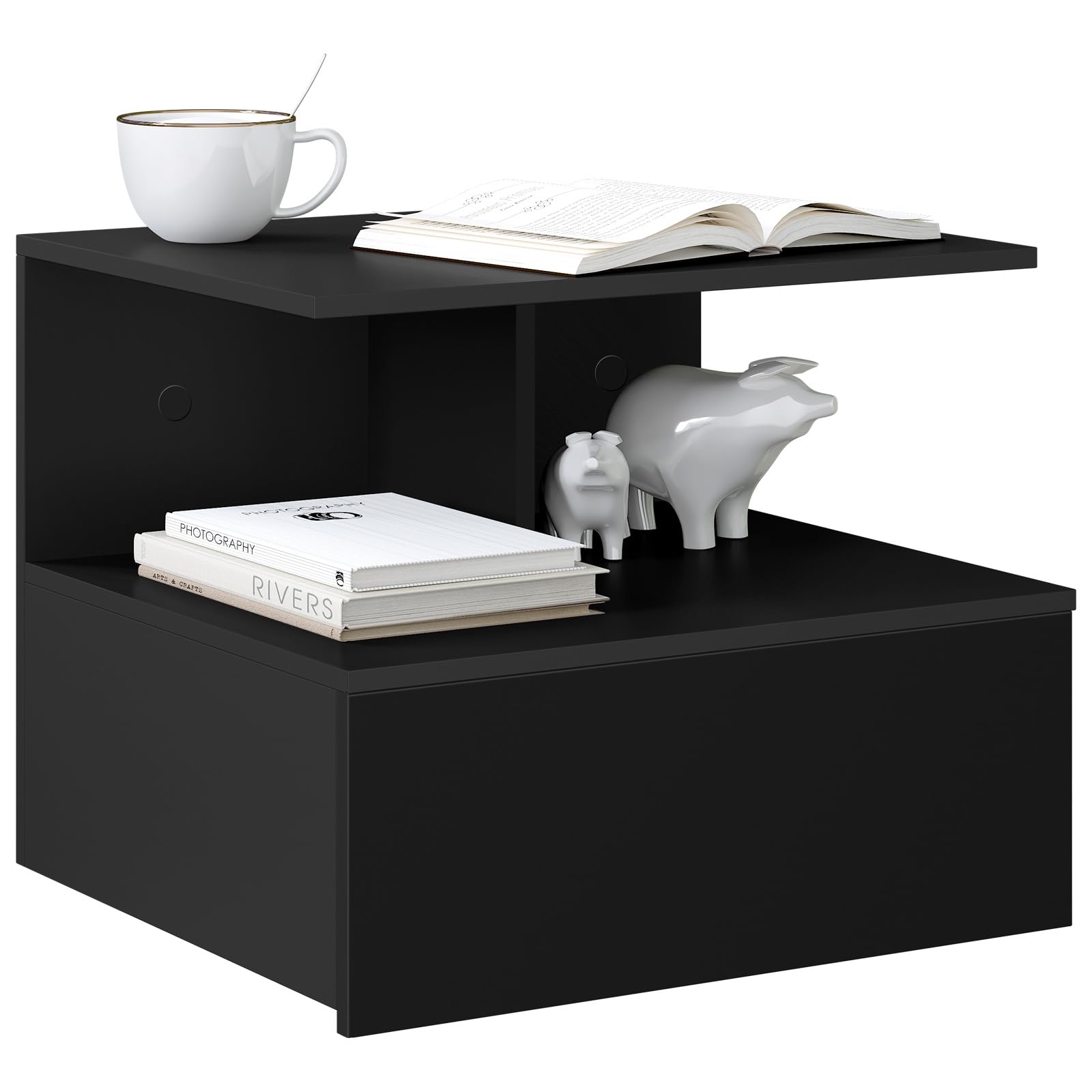Woltu Black Floating Bedside Table With Drawer And Shelf, Bedside Cabinet, Nightstand Organiser Wall-Mounted, Wooden Bedroom Furniture, 40X35x31cm