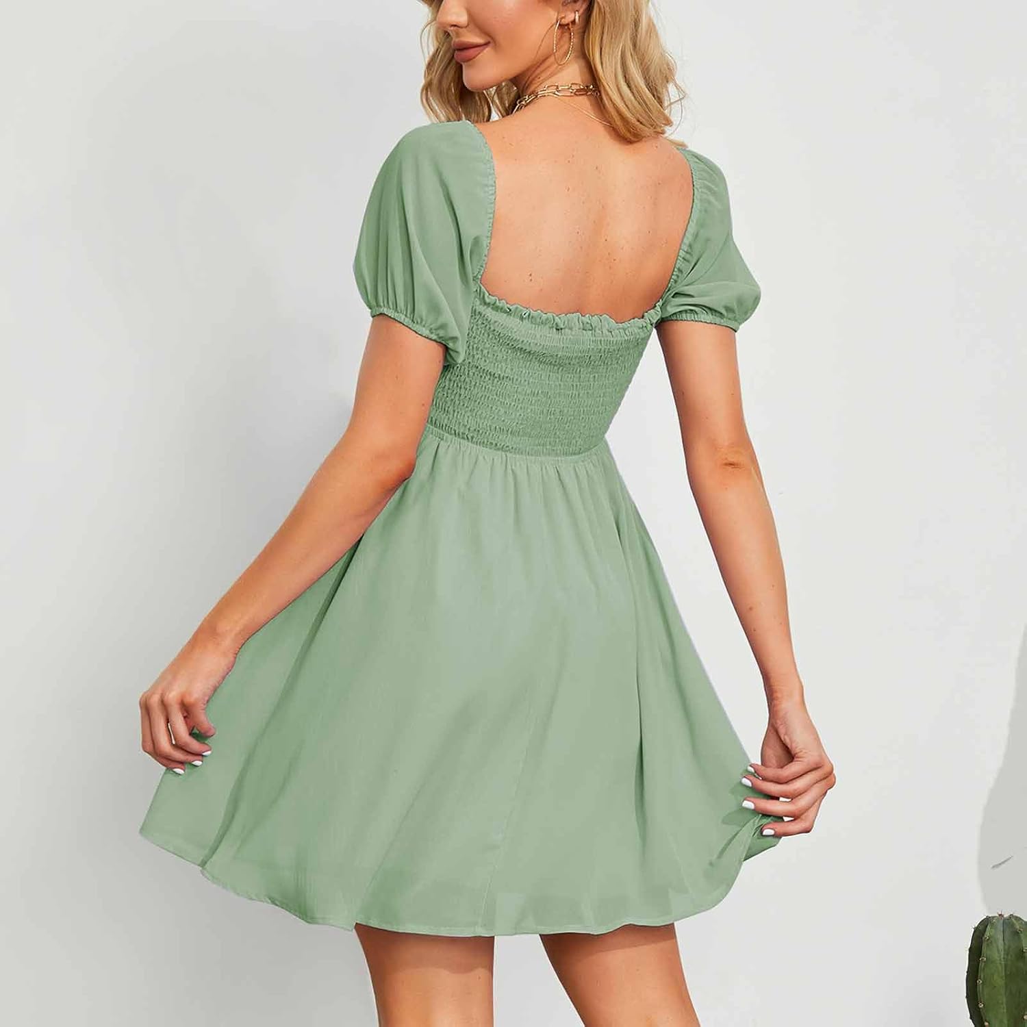 Byinns Women's Sweetheart Neckline Dress Smocked Sundress Puff Short Sleeve Drawstring Dresses