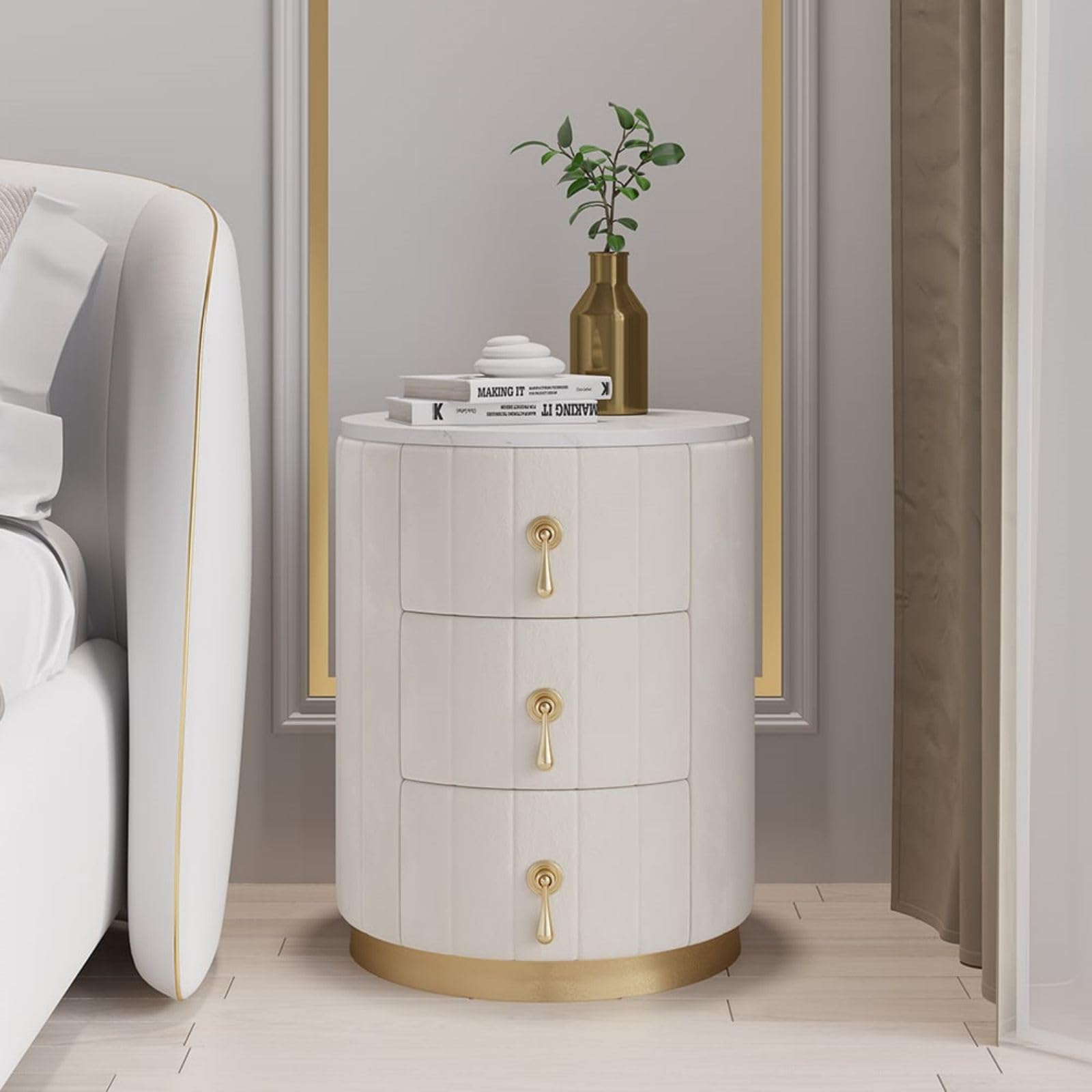 HomaryWhite Velvet Nightstand with Storage. Round Bedside Table with 3 Drawers & Stone Top Elegant Night Table for Bedroom & Living RoomThe Forest Stewardship Council