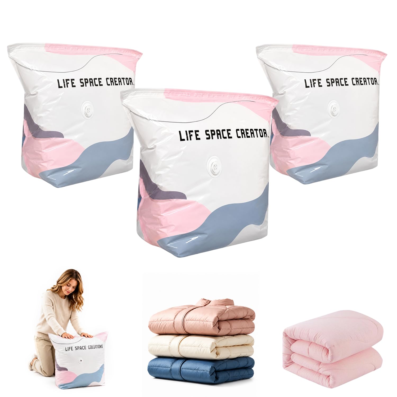 No Pump Vacuum Storage Bags with Zip Large Better Life Space Creator Travel Bag Ziplock Suction Pack Moving Compression Bags for Clothes, Blanket, Down Quilt (27.56 * 19.69 * 11.81 inch,3PCS）