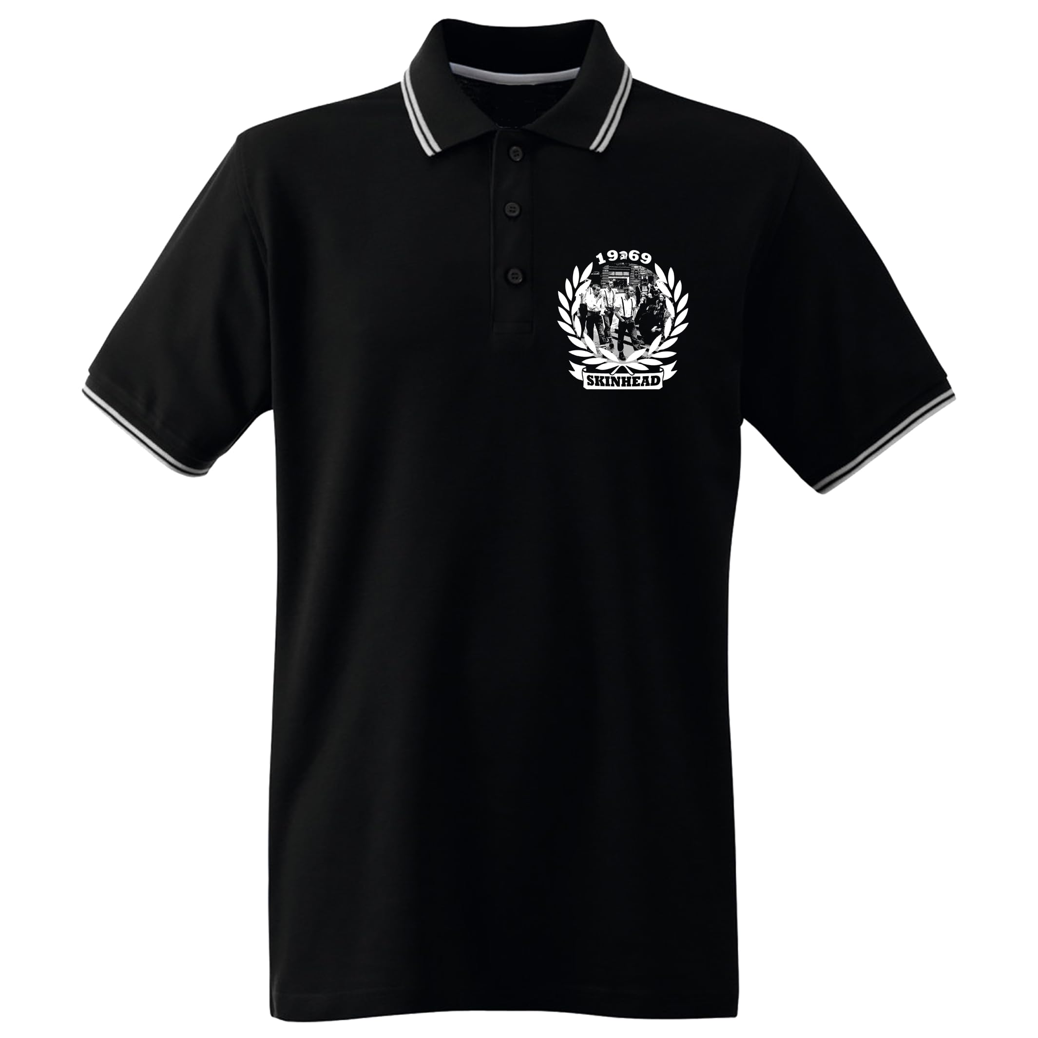 Tribal T-Shirts 1969 Skinhead Logo Northern Soul Men's Contrast Tipped Polo Shirt (Large, Black)