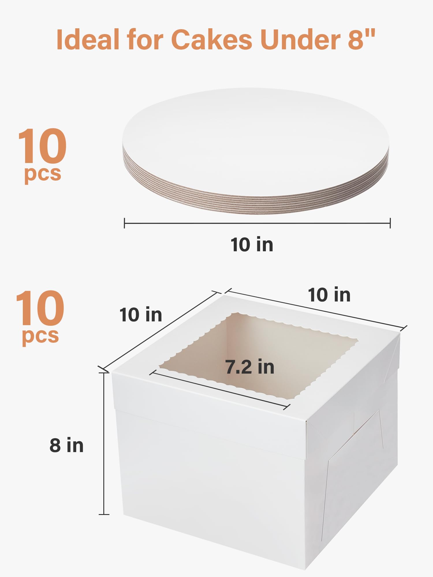 Kootek 20pcs Cake Boxes with Cake Boards (10 Boxes & 10 Boards), 10x10x8 Inches White Bakery Box with Window, Large Baking Boxes, Square Cake Box for Multi-Layer Cakes, Cake Decorating Supplies