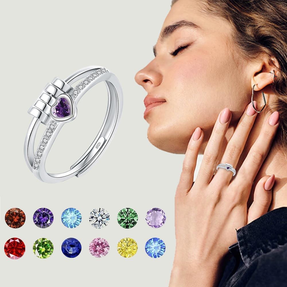 Birthstone Rings for Women,Dainty Sterling Silver Gold Plated Fidget Rings,Anxiety Heart Ring,Adjustable Spinner Birthstone Ring for Women,Birthday Christmas Gifts for Wife Daughter Sister - Image 5