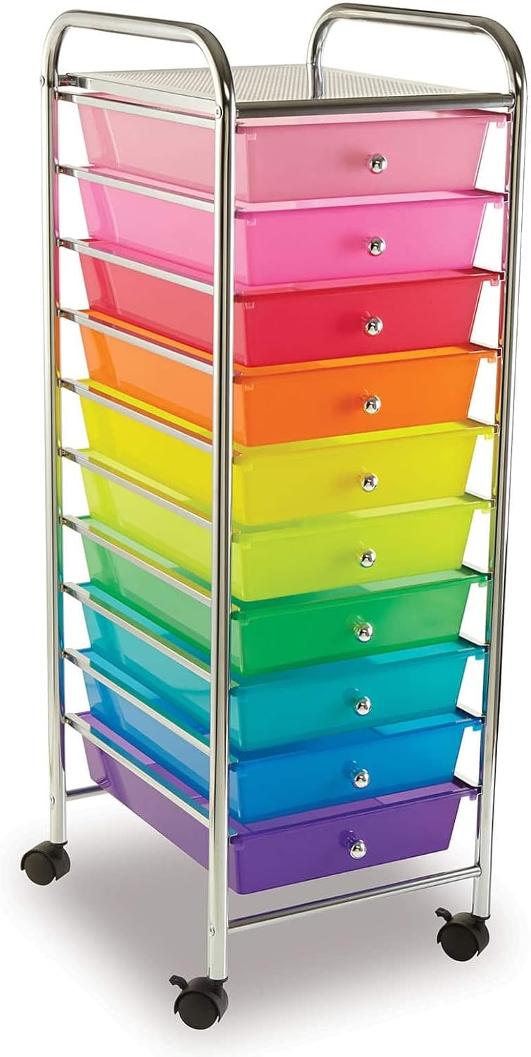Simply Tidy 10 Drawer Rainbow Rolling Cart - Mobile Organizer with Removable Drawers, Swivel & Locking Casters, Durable Tubular Frame - 1 Set