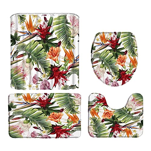 Tropical Flower Leaves Shower Curtain Vintage Watercolor Green Plant Floral Palm Leaf Banana Monstera Leaf Hawaii Summer Jungle Botanical Decor Fabric Bathroom Curtain With Hook #TOP3