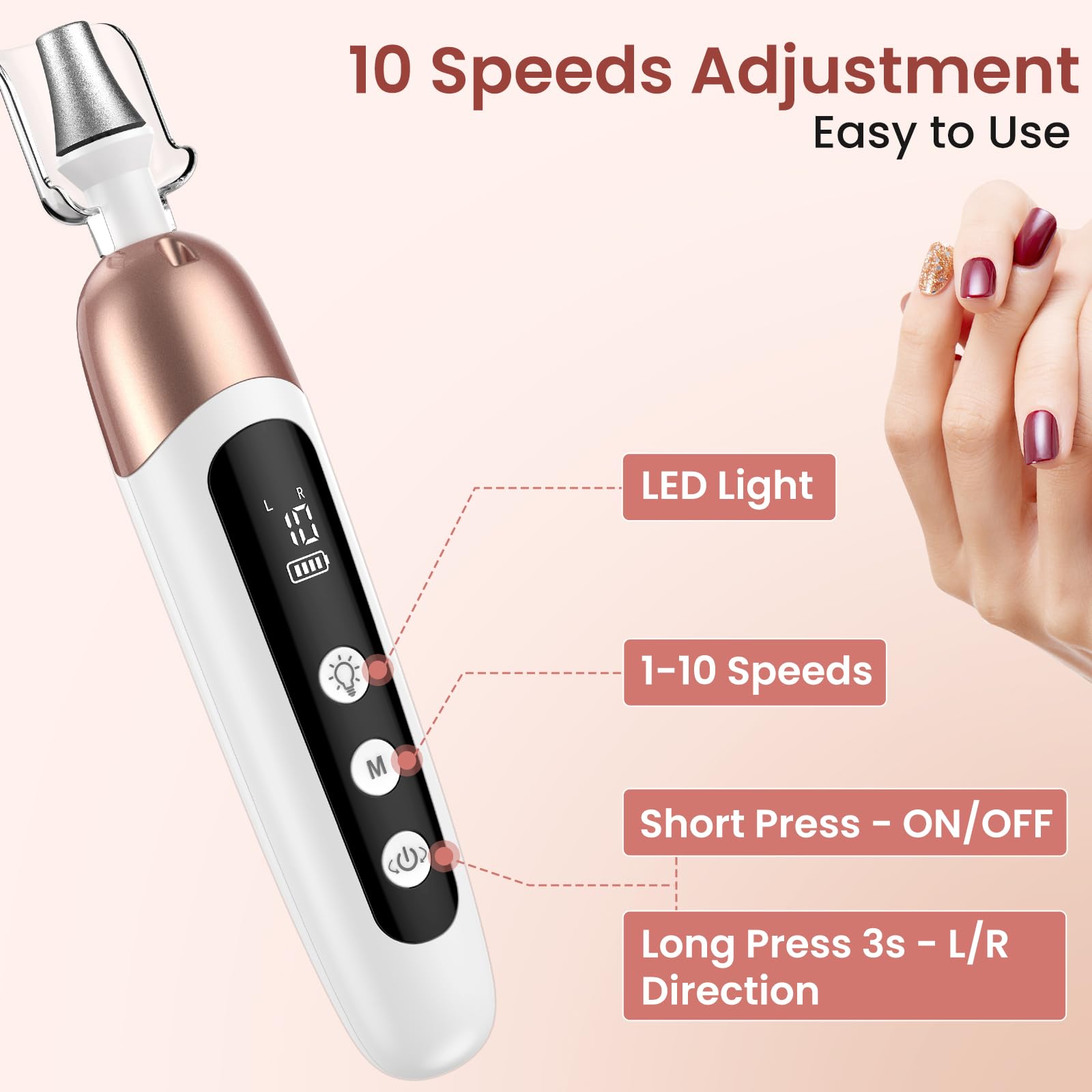 Maniküre/Pediküre Set, Nagelfräser, Kabellos Akku Elektrische Nagelfeile mit 6 Aufsätze zur Nagelpflege, Nagelfräser für Gelnägel mit 10 Geschwindigkeiten und LED Licht, Hände Fußpflege Fräser set