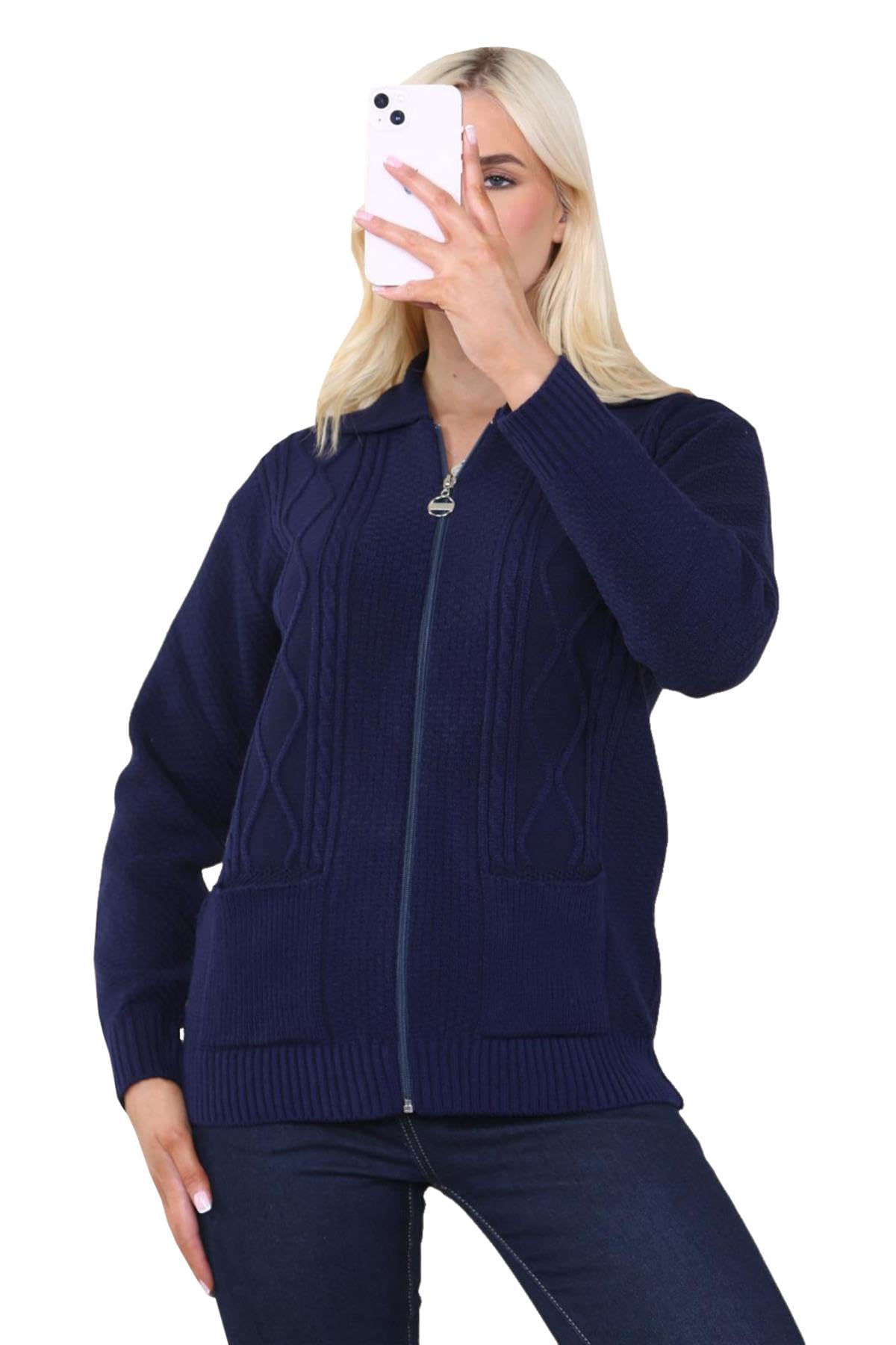 Wickedfashions123 Women's Navy ’S Cable Knitted Collared Sweater Front Pocketed Cardigan Long Sleeves Winter Wear Zipper Cardigan Classy Knitwear Plus Size Sweater Uk 20-22