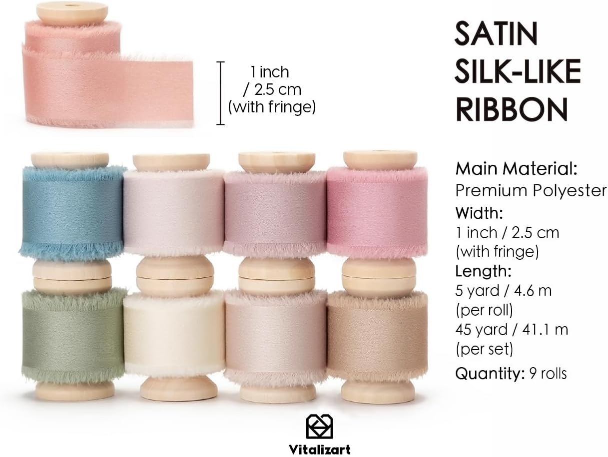 Vitalizart Silk Satin Ribbon 1 Inch x 45 Yard Wooden Spool Handmade Frayed Ribbon for Gift Wrapping Baby Shower Wedding Bridal Bouquets Holiday Decor 9 Rolls x 5 Yard