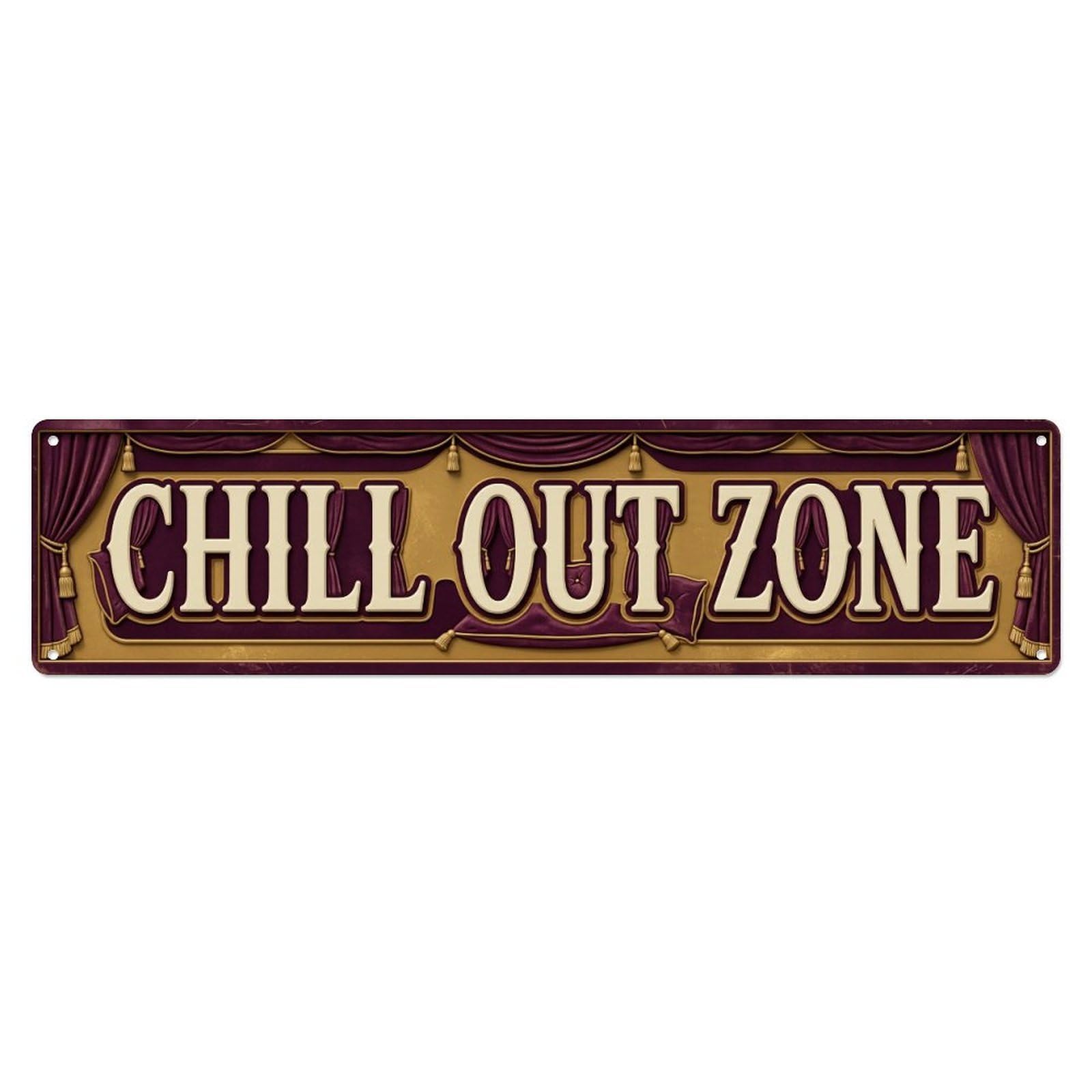 Chill Out Zone Faded Alcove 5 Metal Tin Skinny Sign Plaque Wall Decor for Cafe, Club Bar, Office, Home Garden Metal Poster 4x16Inch