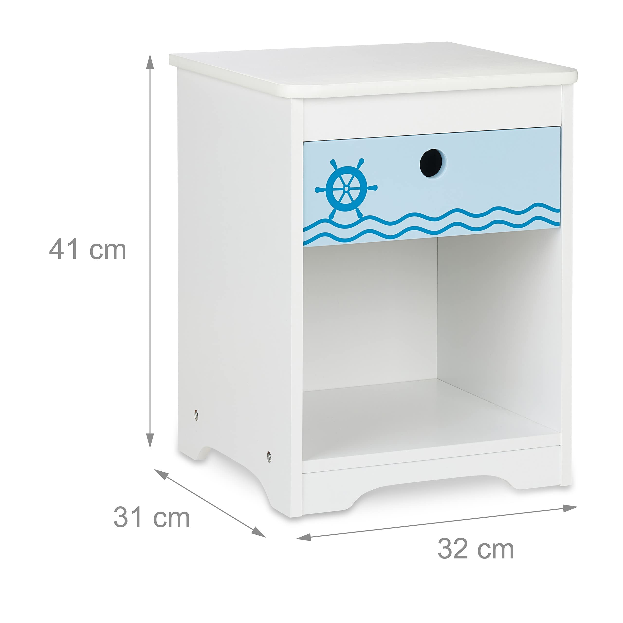 Relaxdays Comodino da Letto per Bambini, Design Mare, Cassetto e Scomparto, HLP 41x32x31 cm, Cameretta Bimbi, Bianco Blu