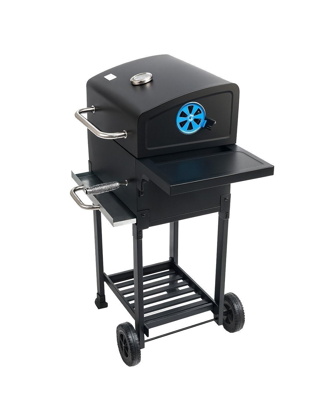 JARDIN202 - Barbacoa de Carbón con Tapa y Termómetro Kansas | Grill Ajustable con Parrilla Cromada y Calentador Superior| Ruedas Grandes | (Negro)