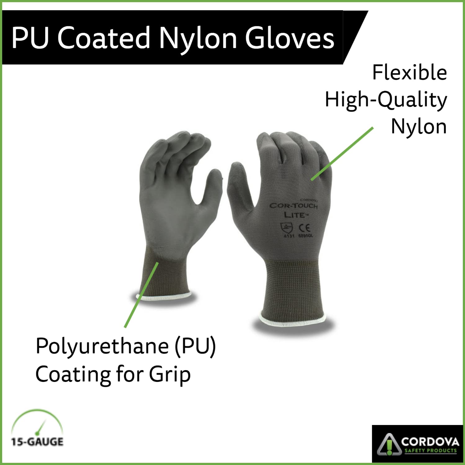 Cordova 6895G PU Coated Nylon Gloves, Soft and Comfy, 15-Gauge Nylon, PU Palm Coating for Grip, Abrasion and Tear Resistant, Gray, Work Gloves for Wiring Manufacturing and More, Large, 12-Pack