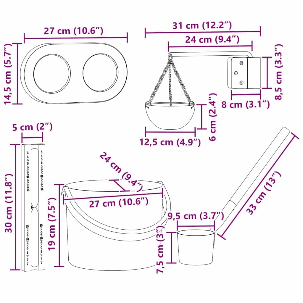 Set di accessori per sauna, 5 pezzi, nero, in alluminio e legno di pino, secchio per sauna, igrometro, termometro, clessidra, ciotola per aromi, mestolo per interni, benessere e relax