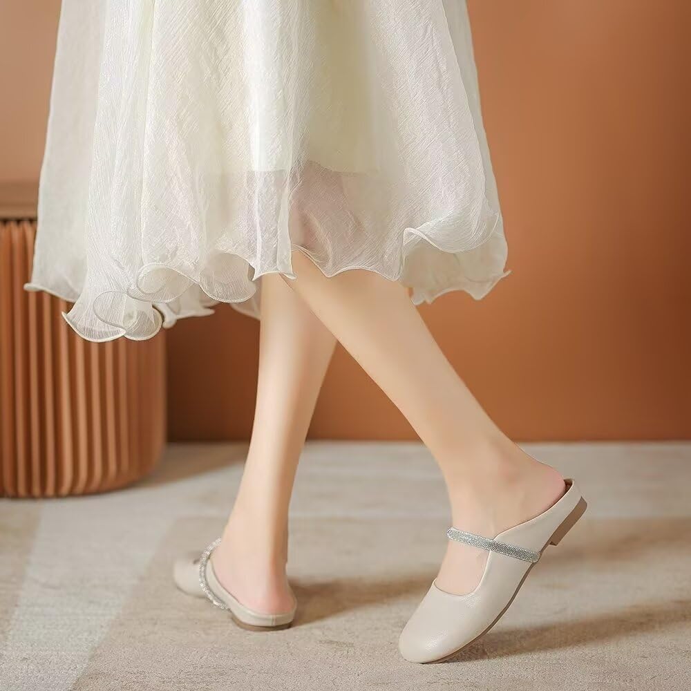 VFDB Women Mules Elegant Dressy Flats Closed Toe Microfiber Leather Shoes Adjustable Buckle Strap Mary Jane Casual Office Shoes