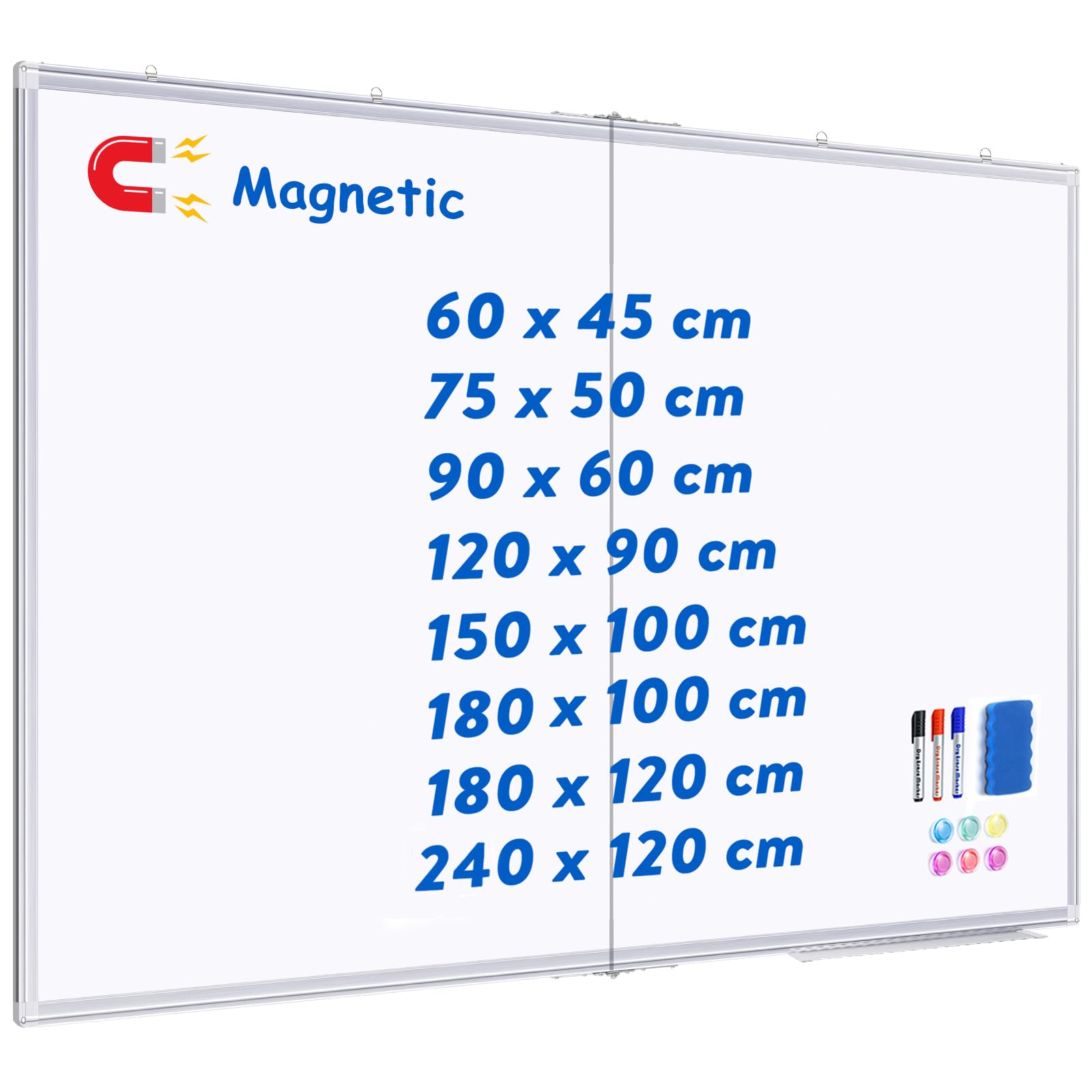 Maxtek Lavagna Magnetica da Parete 180 x 120 cm, Grande Lavagna Cancellabile, Cornice in Alluminio, Whiteboard con Porta-pennarelli, Bacheca con Accessori Facile da Montare per Ufficio, Scuola, Casa
