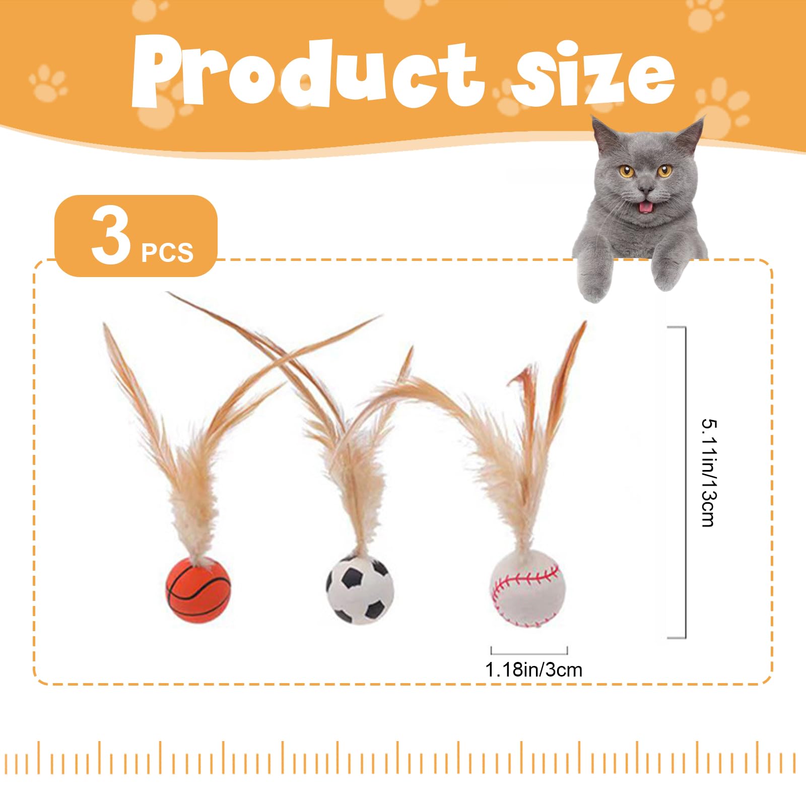 Wanheart 6 Cat Bouncy Balls with Feathers, Rubber Cat Toys Bouncy Balls, Fun Teething Toys, Indoor/Outdoor Interaction