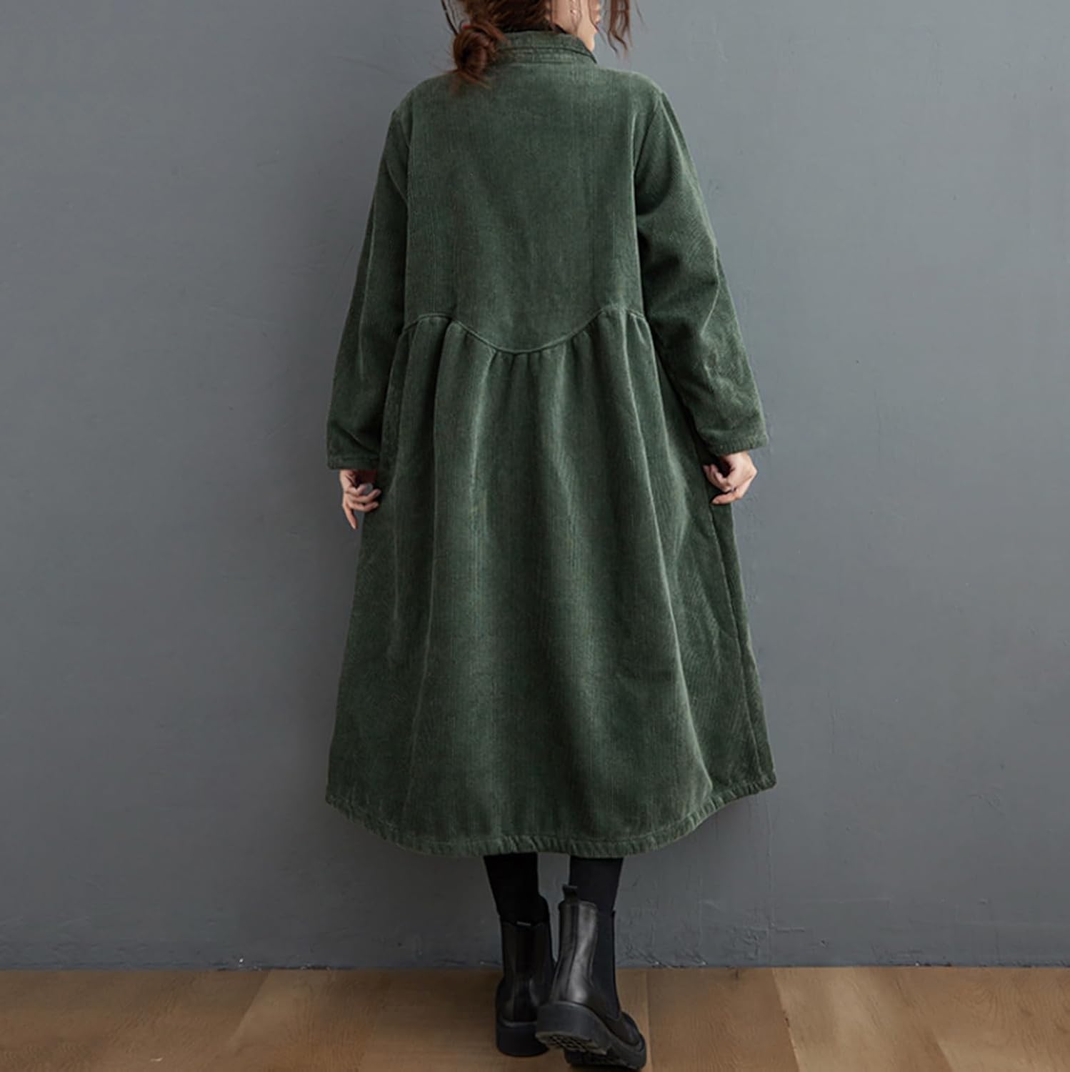 Manteau Long en Velours côtelé pour Femme avec Boutons et Poches latérales Trench-Coat rembourré à Manches Longues Robe Vintage Ample en Velours côtelé