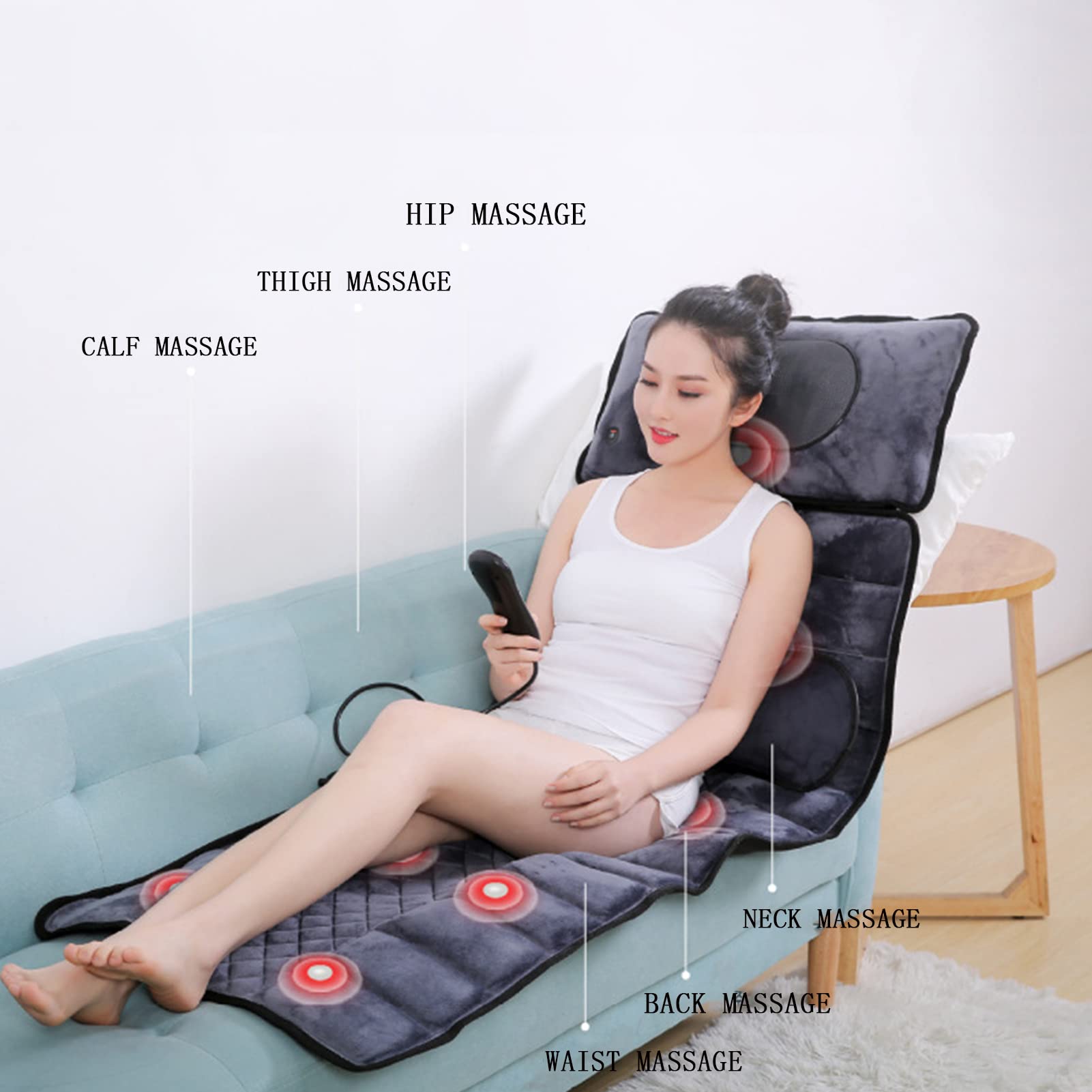 Esterilla de Masaje Corporal con Calor - Masajeador Shiatsu para Cuello y Espalda, colchón de Masaje eléctrico con tracción en la Cintura y Bolsa de Aire calefactable, 9 Modos de Masaje y vibración,