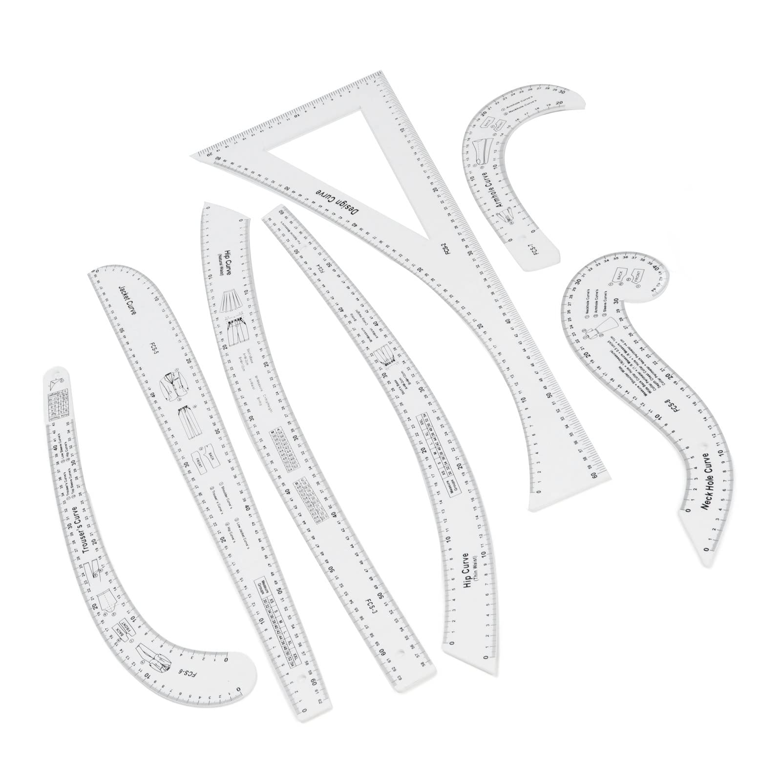 Set di 7 righelli per cucire francesi, set di righelli per sartoria, scala trasparente, alla moda, set di righelli da cucito multiuso per realizzare disegni