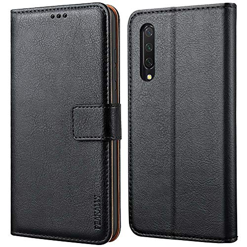 Peakally Funda Xiaomi Mi 9 Lite, Premium Cuero Fundas para Xiaomi Mi 9 Lite [Stand Function] [Ranuras para Tarjetas] Piel PU Carcasa Case con Concha Interna Suave-Negro