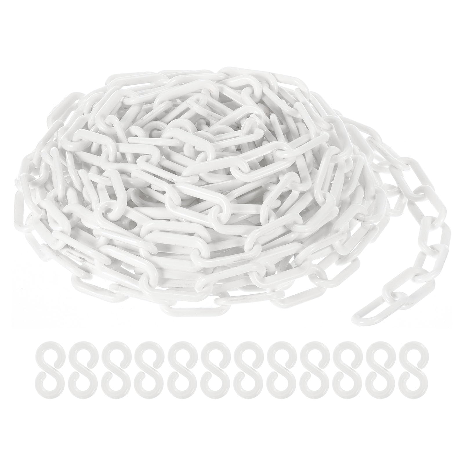 PATIKIL Cadenas de Plástico, Eslabones de Cadena de Seguridad de 50 Pies, Cadenas de Plástico Blancas de 0.31"/8mm de Altura con 12 Ganchos de Plástico Blancos para Barreras