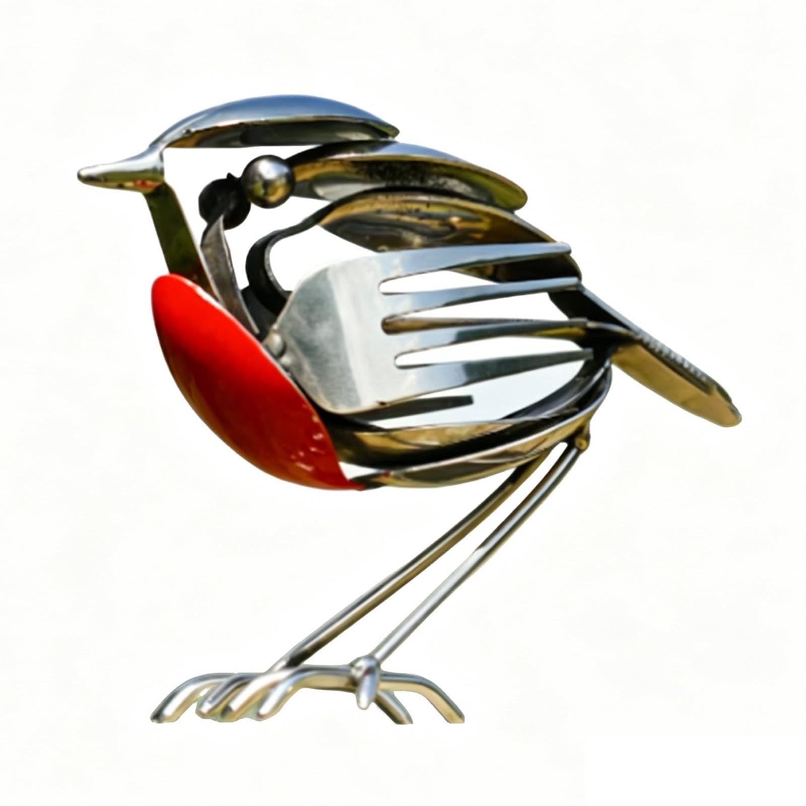 YIttings Recycled Fork and Spoon Robin Figurine, Scrap Metal, Handmade, Rustic Red Chest Bird Statue, Weatherproof, Garden Ornament, Gift for Bird Lovers
