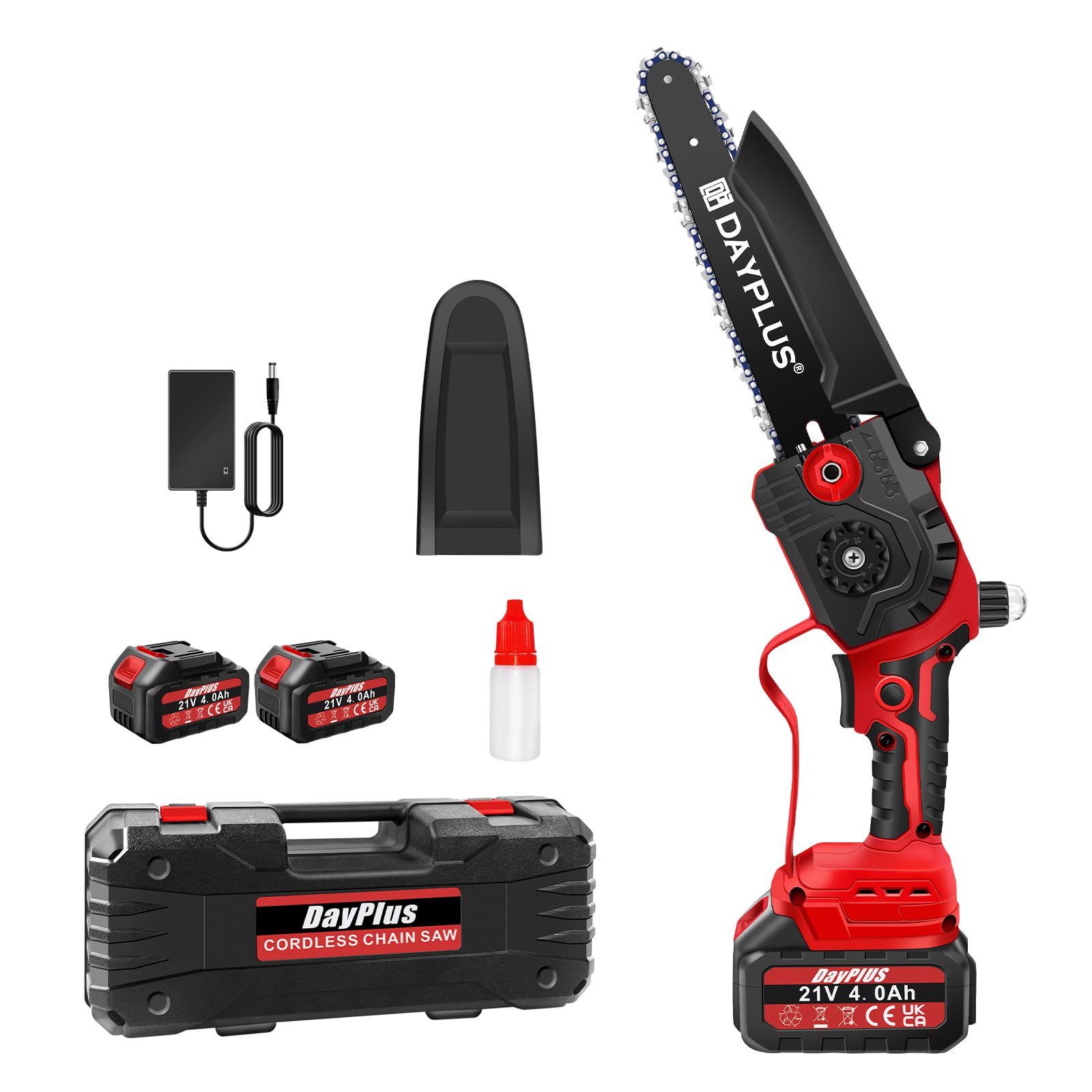 Mini Tronçonneuse Électrique Sans Fil de 8 Pouces avec 2 Batteries, 1 Chaînes et Mallette de Transport, Tronçonneuse Portable à Batterie pour Jardin, Cour, Branches d'Arbres et Coupe de Bois, Rouge