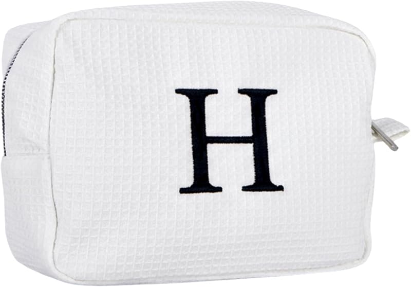 Necessaire de maquiagem personalizada GOPHIE branca com textura waffle e bordado de inicial, modelo H