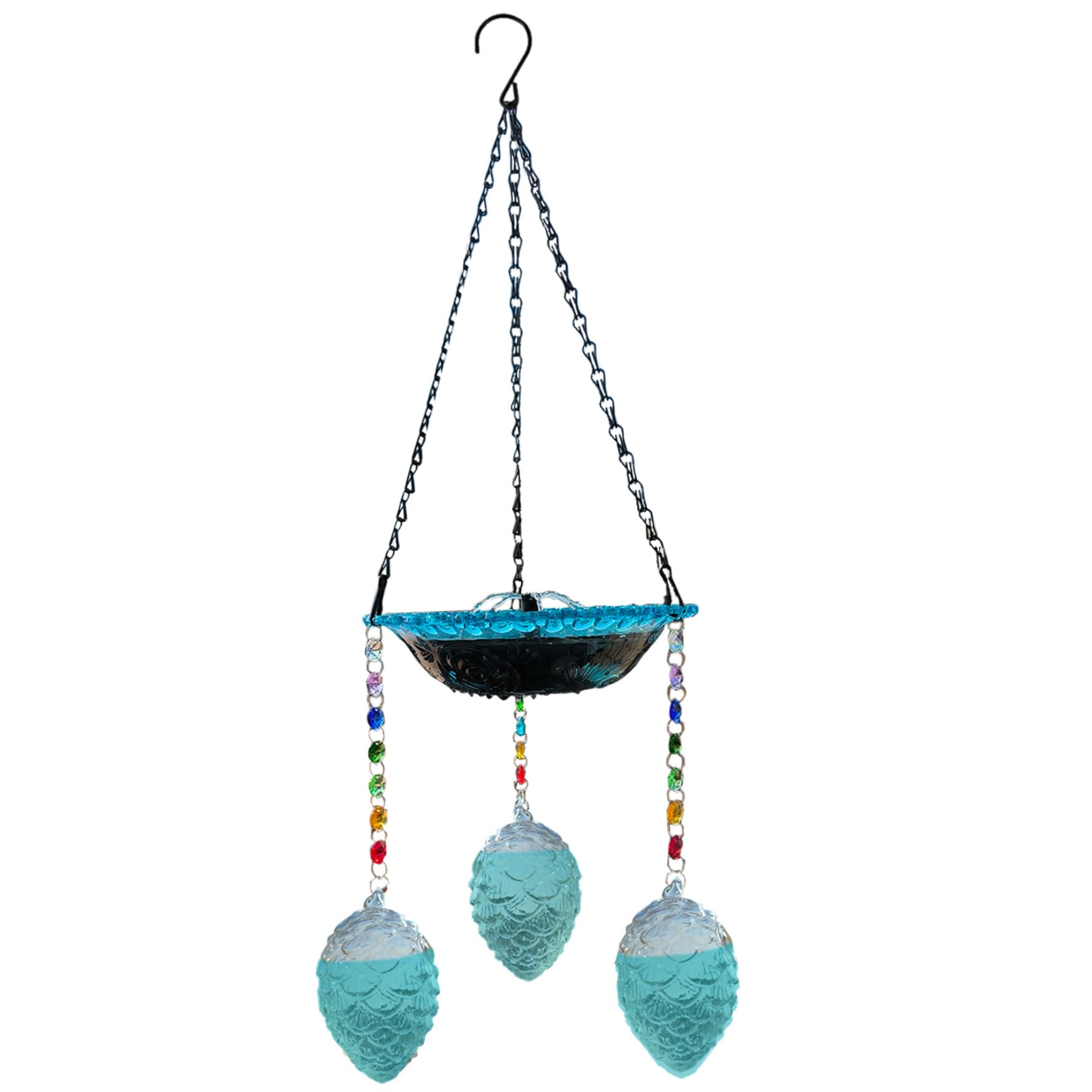 Baño para pájaros colgante con fuente solar, baño para pájaros al aire libre 2 en 1 para exterior con bomba de energía solar, cuenco de vidrio y decoración de piña, adorno de jardín azul de 27, 56 pul