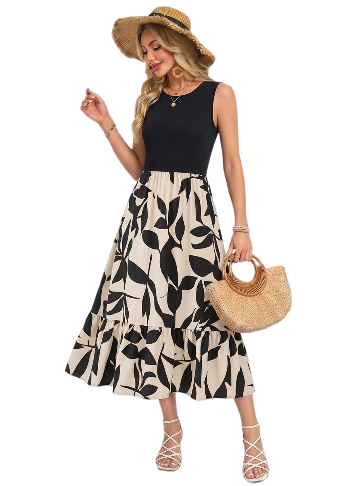 YUTILA Damen Sommerkleid Ärmellos Maxi Kleid Rundhals Zweiteilig Look Luftig Freizeitkleid mit Blumenmuster Elegant & Casual