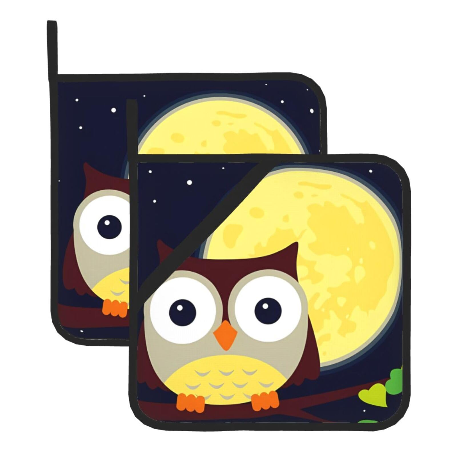 YYHWHJDE Owl and Yellow Moon Prints Square Hot Pads for Kitchen Counter - Waterproof Pot Holders with Hanging Loop, Durable Trivets for Microwave Oven - 2 Pack