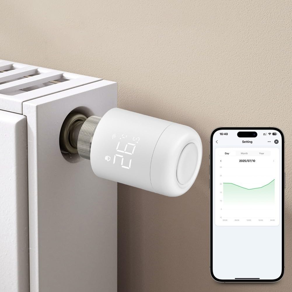 Vanne de Radiateur Thermostatique Intelligente WiFi, Contrôle par Application Smart Life/Tuya, Compatible Alexa & Home, 6 Modes, Programmation, Détection Fenêtre Ouverte, Verrou, passerelle requise