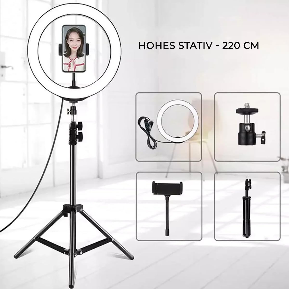 Lampa pierścieniowa LED ze statywem, 30 cm, 220 cm, pilot zdalnego sterowania, zasilanie USB, 3 tryby świecenia, 10 poziomów jasności, 80 W do makijażu, streamingu, selfie