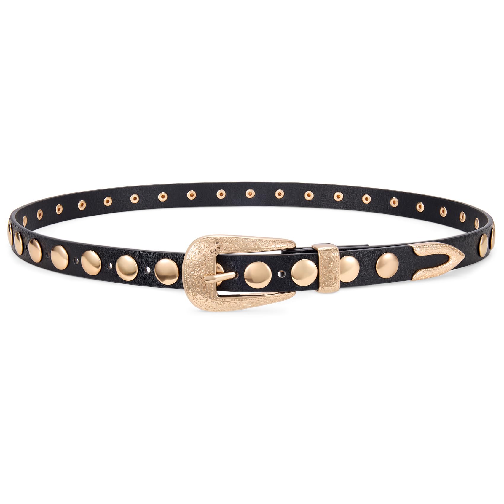XZQTIVE Womens Punk Studded Skinny Belt Western Belt with Engraved Buckle for Jeans Dresses