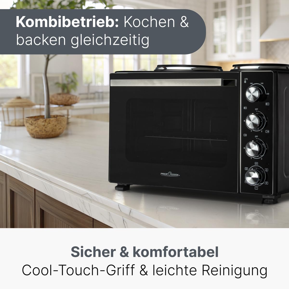 ProfiCook Minibackofen mit Kochplatten und Drehspieß | 32L | Umluft, Oberhitze, Unterhitze, Drehspieß | Kochen und Backen gleichzeitig | Backofen klein | Mini Backofen mit Umluft | PC KK 1302