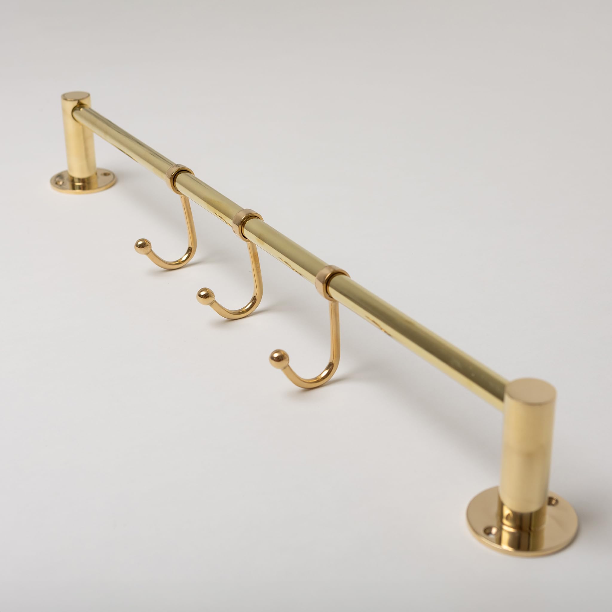 Solid Brass Kitchen Hook Rail | Utensil Hanging Rail | Wardrobe Clothing Rail | Heavy Duty Rail with 3 Hooks | Bathroom Towel Rail (Polished Brass)
