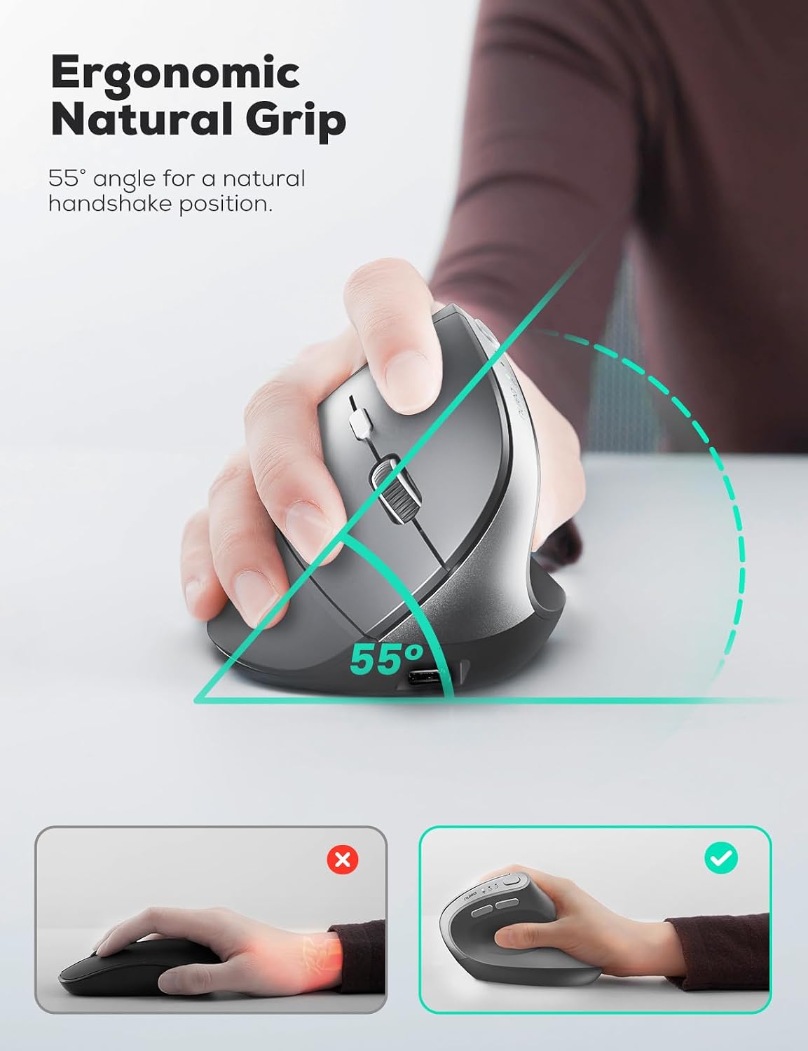 Nulea MD280 Ergonomic Vertical Wireless Mouse - Bluetooth & 2.4G Dual Mode, 4 Adjustable DPI 800/1200/1600/2400, Rechargeable, Silent Clicks, No Lag, 6 Buttons - Perfect for Laptop, Desktop Grey image 3