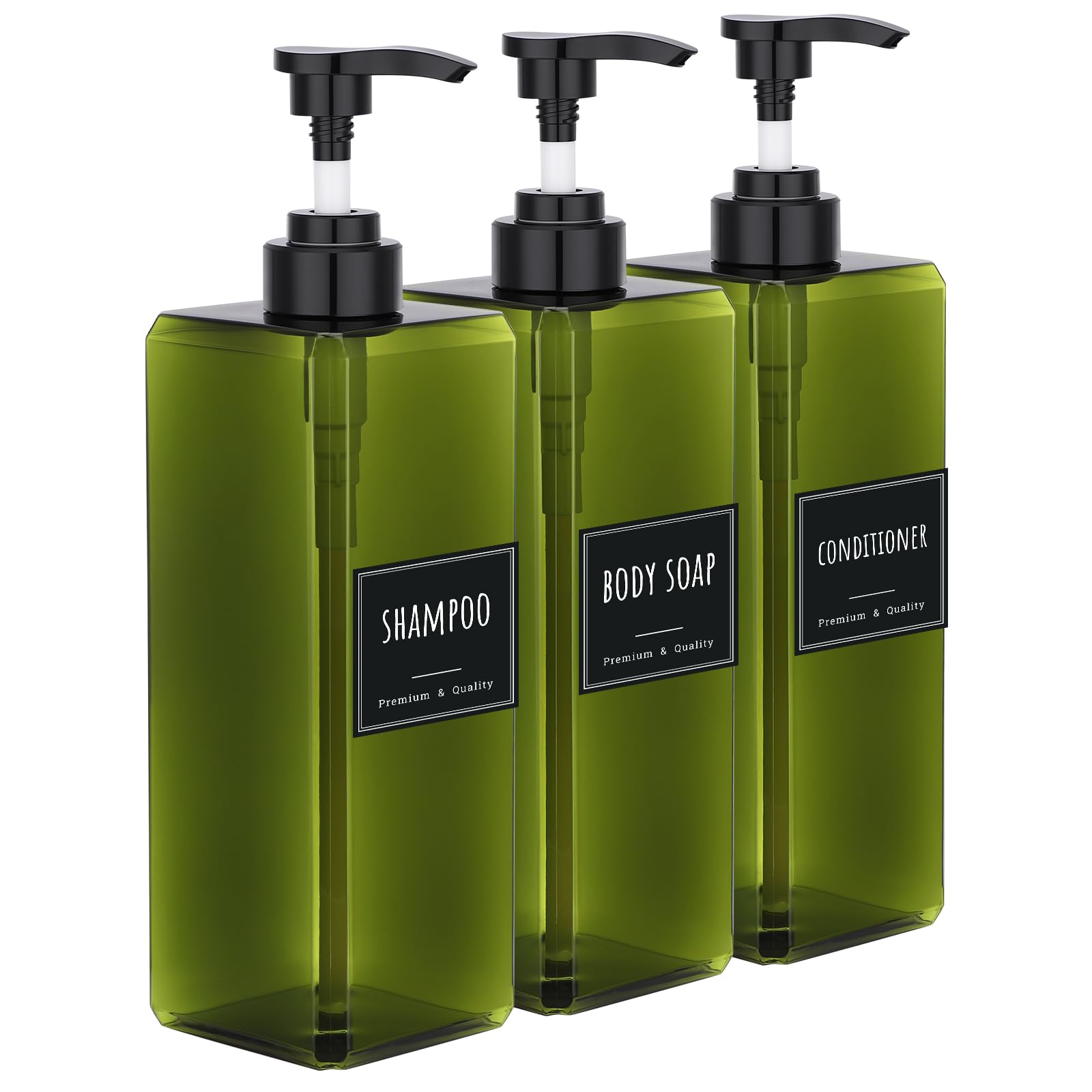 Segbeauty Dosificador Jabon Cocina, 3 Piezas 1000ml Botes para Gel y Champu, Dispensador Gel Ducha de Plastico, con Etiquetas, Accesorios BaƱo (Verde)