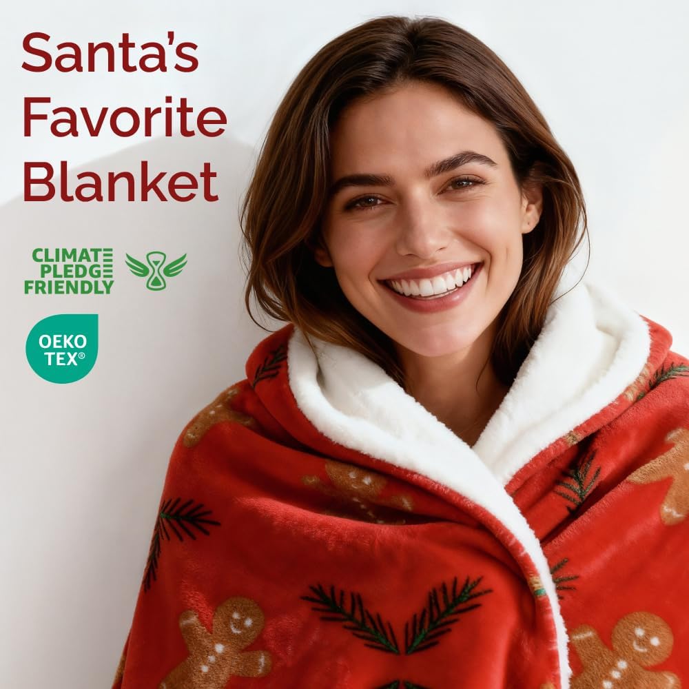 Christmas Sherpa Blanket Throw Size - Reversible Sherpa Fleece Blanket - Super Soft Double Sided Throw for Bed, Sofa, Couch - Thick, Warm, Cozy & Plush - Xmas Winter Bedding - Gingerbread Man, 50x60 - Image 2