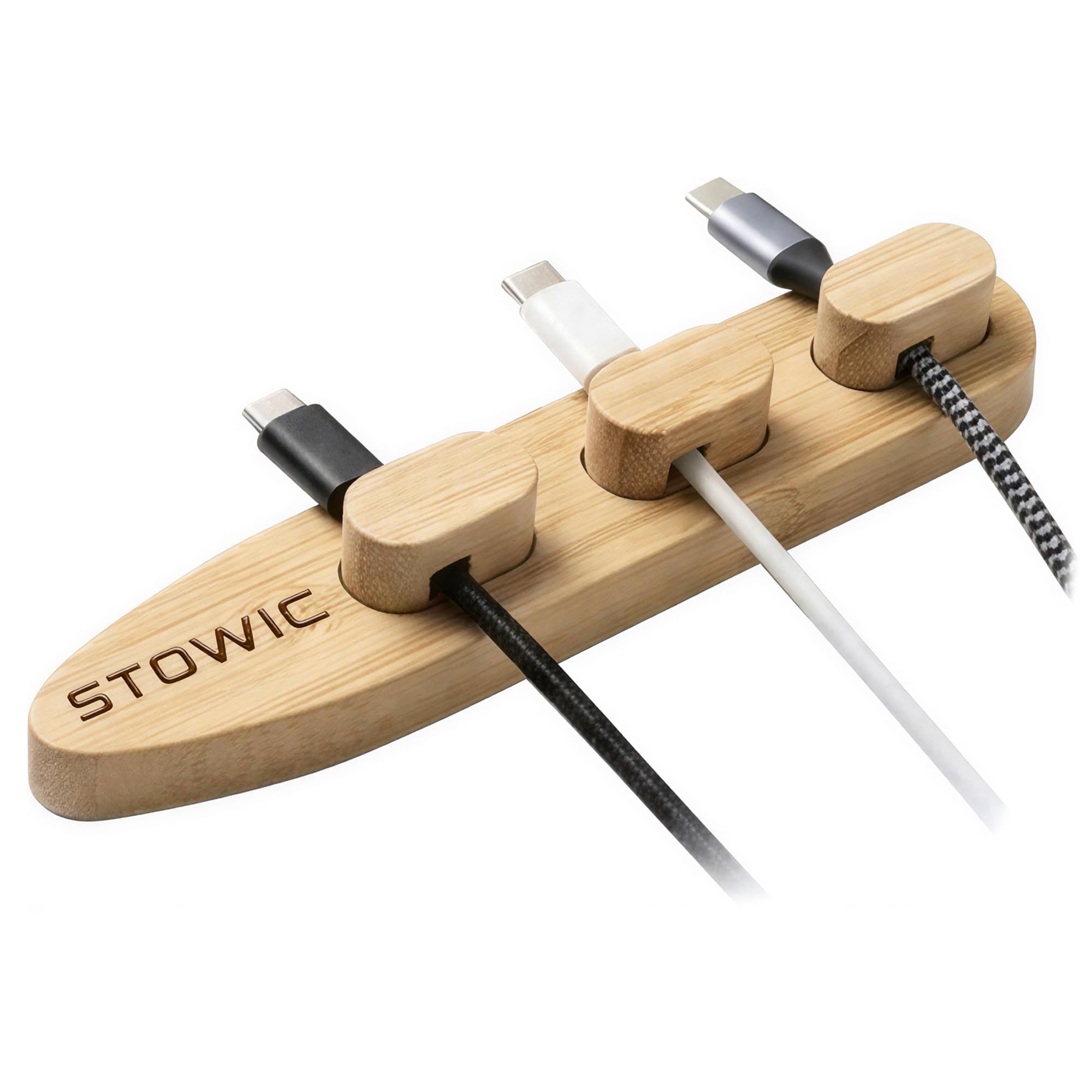 Stowic Bamboo Magnetic Cable Organiser, 3 Magnetic Cable Clips, Desk Cord Holder, Self-Adhesive, Home Office Cable Management
