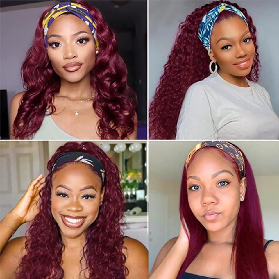 Image of XSY 99J Burgundy Headband Wig Deep Wave Human Hair Wigs 150% Density Red hair Half Wigs For Black Women Glueless None Lace Front Wigs With Headband Attached (10 Inch)