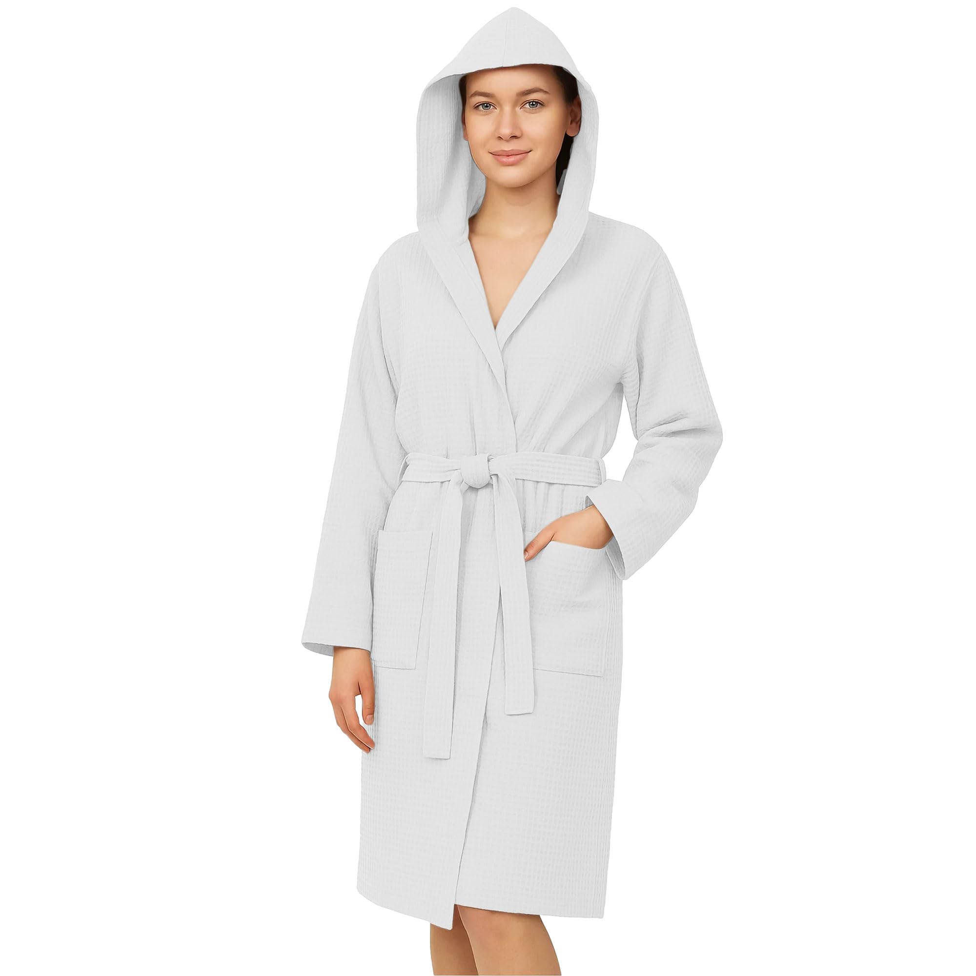 Albornoz Nido de Abeja Unisex Hombre Mujer de algodón con Capucha, Bolsillos y Cinturón – Ligero, Absorbente, Transpirable – Ideal para Casa, SPA, Piscina, Gimnasio y Viajes