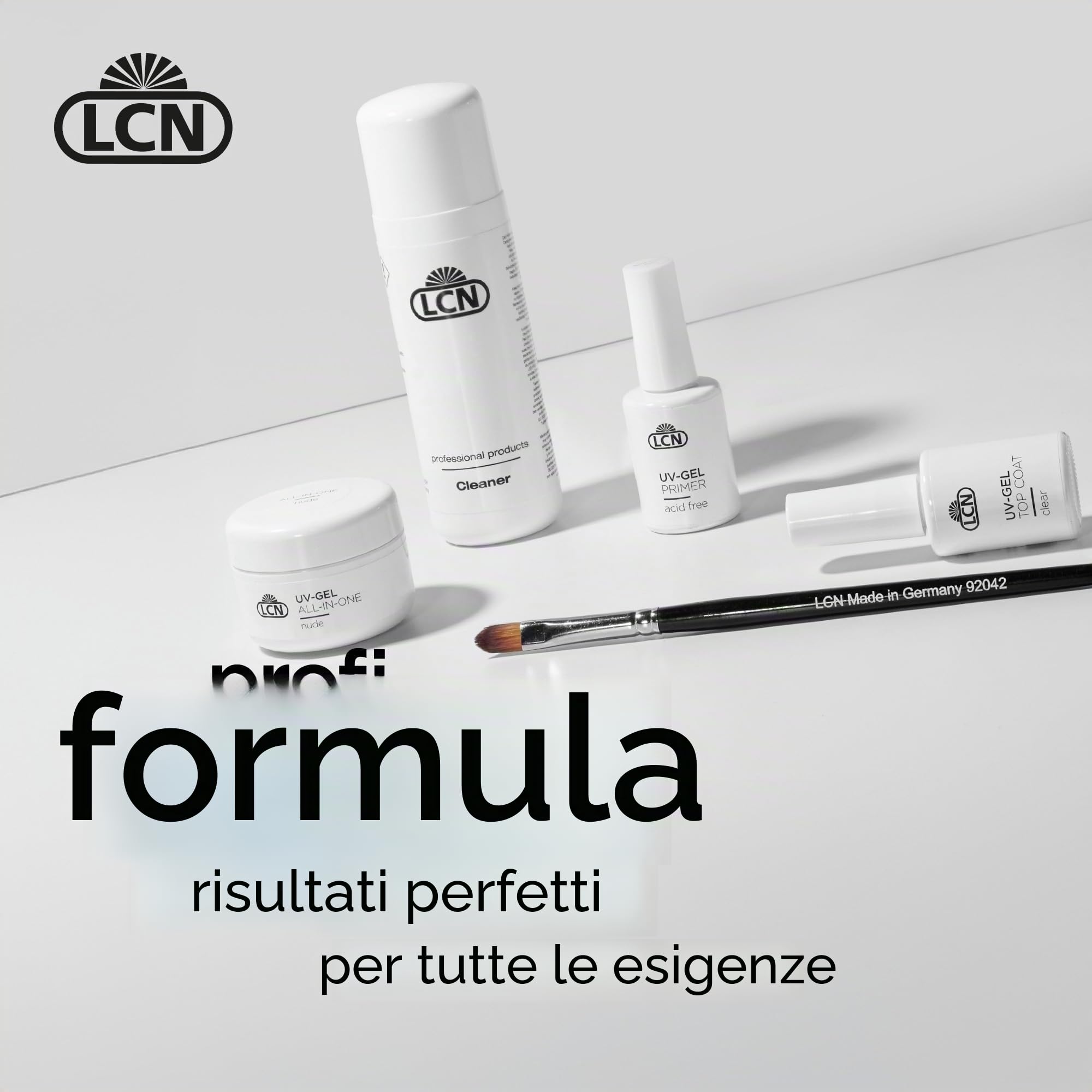 LCN Set di base in gel UV, set per nail art per principianti per unghie in gel, pacchetto completo per unghie perfette, con lampada LED UV, vegano, privo di acidi e HEMA