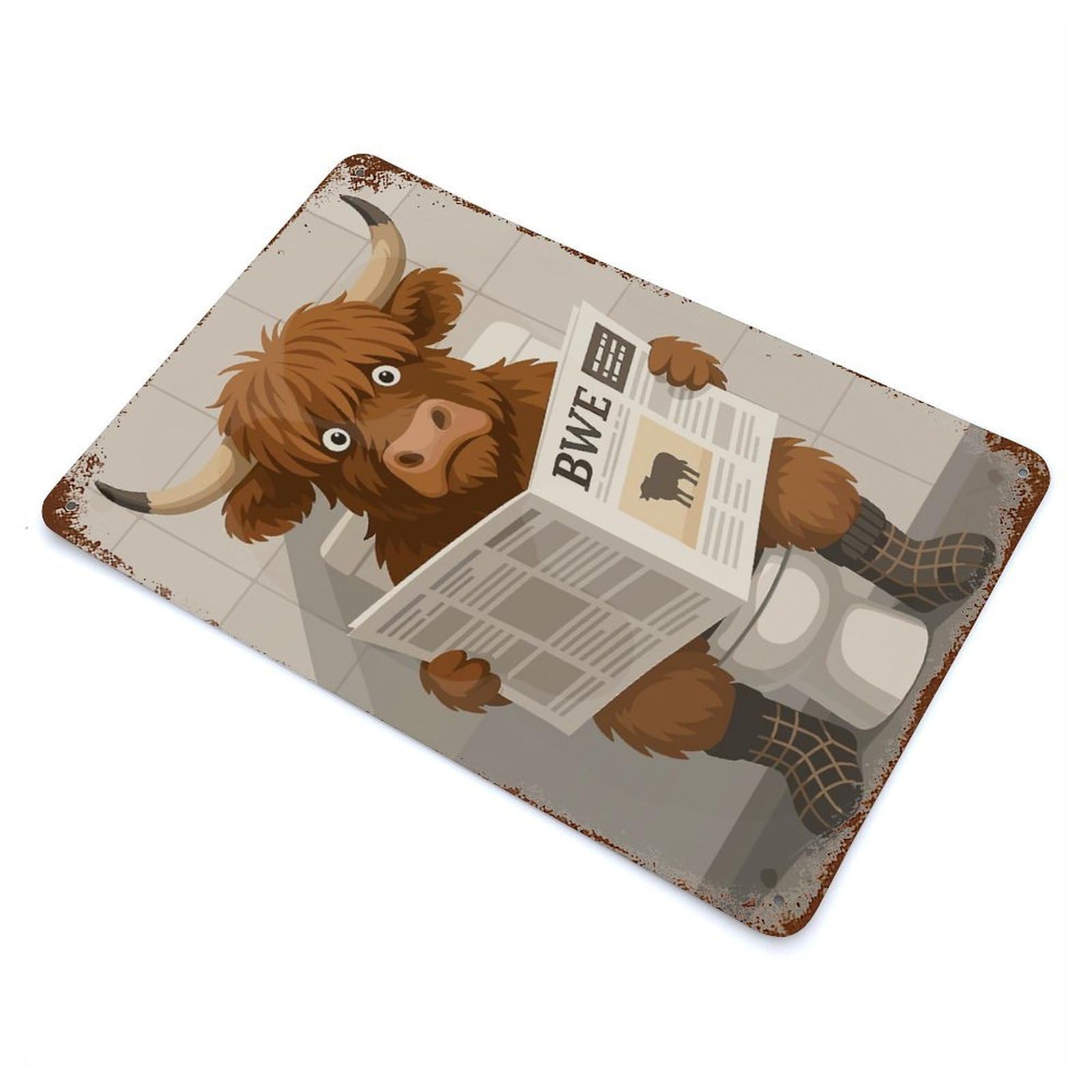 Garage Style Cartoon Highland Cow Reading Newspaper on Toilet Aged Metal Wall Plaque 11.8"x7.9", Farmhouse Wall Decor for Bar And Workshop